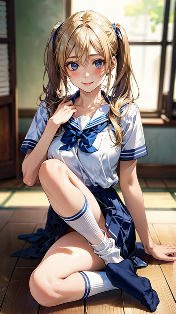 (masterpiece:1.3, Highest quality, Ultra-high resolution, Very detailed), (Realistic, photoRealistic:1.4), Beautiful illustrations, Perfect lighting, Natural light, colorful, Written boundary depth, NFSW,
View your viewers, 1 Girl, Japanese, high school girl, Perfect Face, Cute and symmetrical face, Shiny skin, Sunburned skin,
(Twin tails:1.5, Blonde), Hair between the eyes, blue eyes, (Large Breasts, seductive Thighs, Big Ass), Thighs, sum,
Beautiful Hair, Beautiful Face, Beautiful attention to detail, Beautiful clavicle, Beautiful body, Beautiful breasts, 美しいThighs, Beautiful feet, Beautiful fingers,
(Beautiful views), ((Leg Opening Pose)), (Captivating smile,), (School uniform),(loose socks)