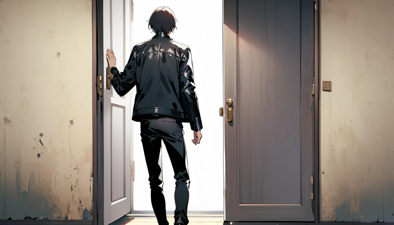 Open the door，A man in black leather jacket，A short-haired, skinny man stood in front of me。