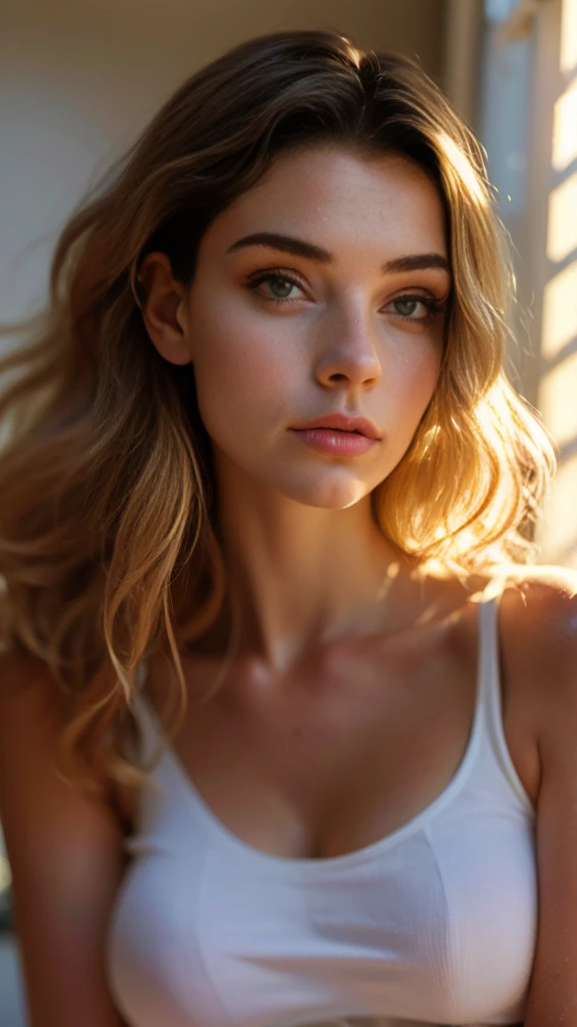 (((ultra realistic))) Photo, masterpiece, top quality, (pale skin), (Ultra detailed face and eyes:1.3), 1 girl, Adult, in a T-shirt, full body, (Eye makeup, mascara) , ((large detailed lips)), ((ash wavy hair)), ((Chyolka)) , (Natural breasts), Slim waist. ((Posing)), photoshoot, studio (soft lighting), (The play of light and shadows), depth of field, bokeh, (special attention to skin detail: 1.2), Detailed leather texture, skin pores. (Airy atmosphere of the frame. Color range - delicate, Bright, white, Pink tones), UDR, ((Film grain)), ((rays)), ((glare of the sun)), ((waist up portrait, close to the camera)) , ultra detialed,