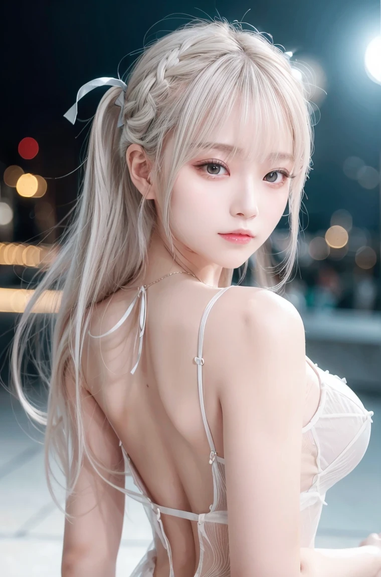 masterpiece, 1 beautiful girl, Delicate eyes, Purebred face_v1, Top quality, Ultra high resolution, (Reality: 1.4), Japanese, Korean, very beautiful, Beautiful skin, slim, (超Reality), (high resolution), (8K), (Very detailed), Delicate face, Bright Lights, Professional lighting, Looking at the audience, Face straight ahead, White backless see-through dress,big nipples, Platinum Hair, Long hair,hair tied back, bun hairstyle, Bangs,hair accessories,