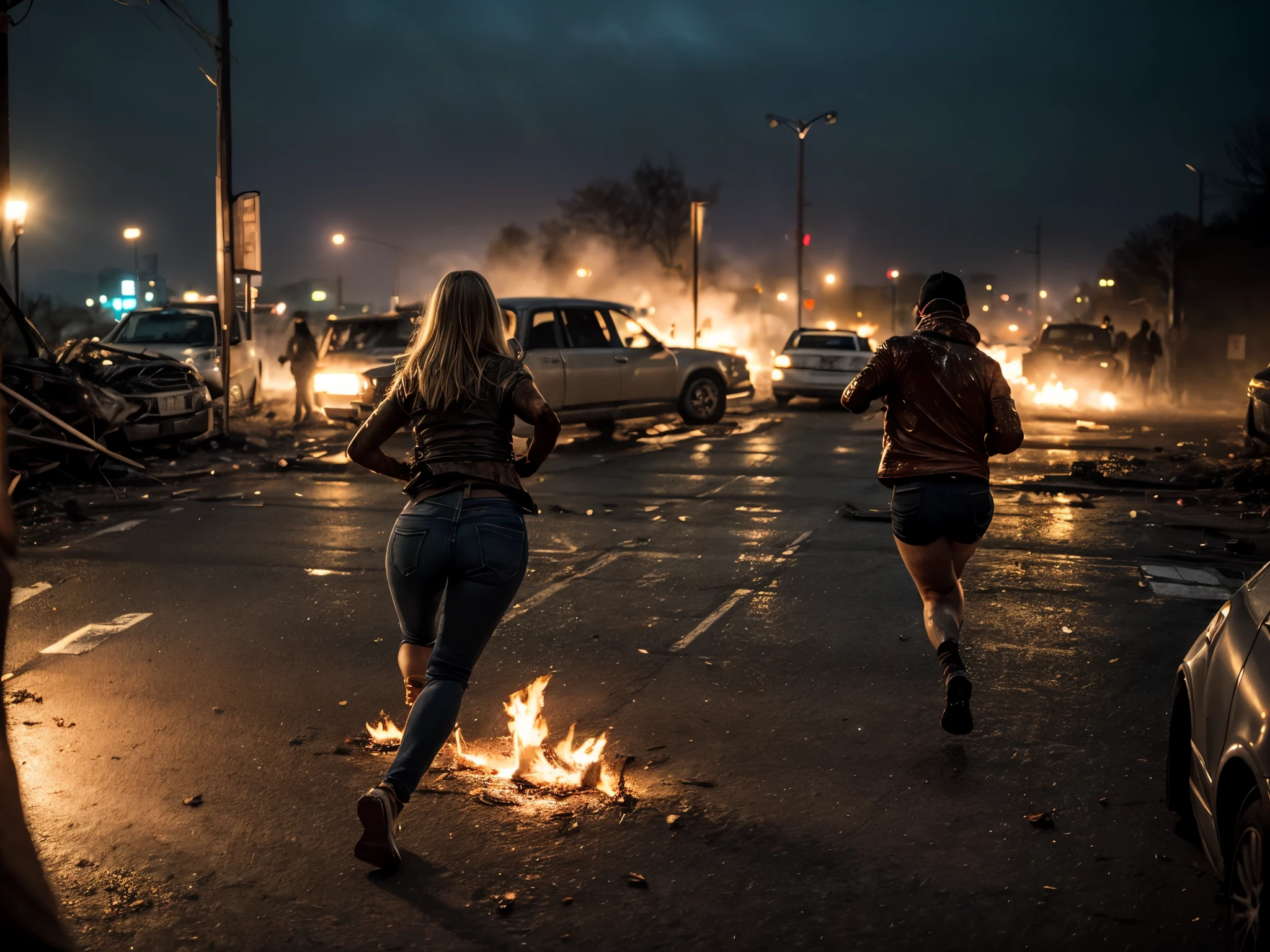 (A low angle shot), (low angle shot), (((1 beautiful blonde woman, terrified expression, running in a future post apocalyptic street))), torn and ripped open denim jacket, dirty, grimy skin, ripped jeans, surrounding buildings heavily damaged, car wrecks, rubble, raining, fire, smoke, (((in the distance an angry zombie mob))), photo realistic, cinematic, masterpiece. [The character is surrounded by mist, evoking a mysterious and eerie atmosphere. The lighting is dark and atmospheric, with smoke adding a touch of sinister ambiance. Best quality image, HDR enhancement, showcasing the utmost level of detail and realism, full body shot:1.5]. [8K, Best Quality, Ultra High Resolution, (highly detailed CG unity 8k wallpaper), (best photo), cry, (best shadows), isometric 3D, octane rendering, ray tracing, highly detailed, (Best quality, 4K, 8k:1.2), absurdity, ultra detailed, (realistic, photorealistic, photorealistic:1.37), complex parts, HDR, (complex parts:1.12), (hyper detailed, hyper realistic, Soft lighting, spicy:1.2), (complex parts, Hyper detailed:1.15). Blurred foreground. (backlit), masterpiece, high quality, brightness, chromatic aberration, foggy smoke, shadows, ontrast, clear sky, (warm hue, warm tone), high details, natural reflections]. (YES SFW)