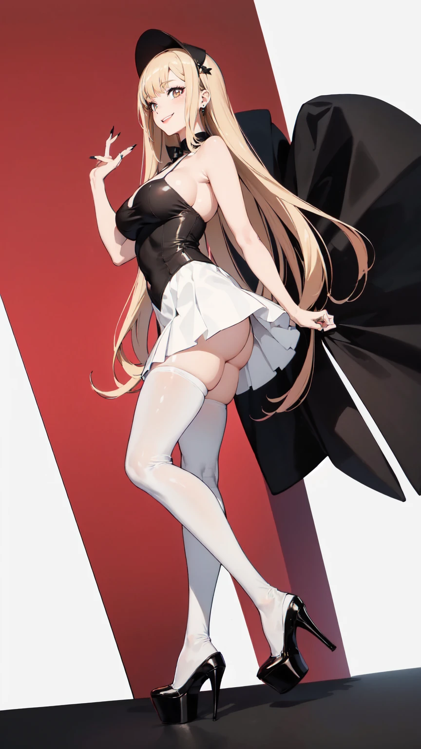 ((masterpiece, high resolution, better quality, better details)), ((Marin Kitagawa)), ((Smiling)), ((one girl)) a girl modeling standing in the city, mini skirt, blouse, ((big neckline)), ((platform high heels)), pink eyes with black outline, (light blonde hair, straight hair, straight bangs, long hair)), long nails, pink nails, (((curvy body))), shiny skin, ((side view)), solo, bare shoulders, full body, focus full body, high heels, ((White background)), ((black stockings)),