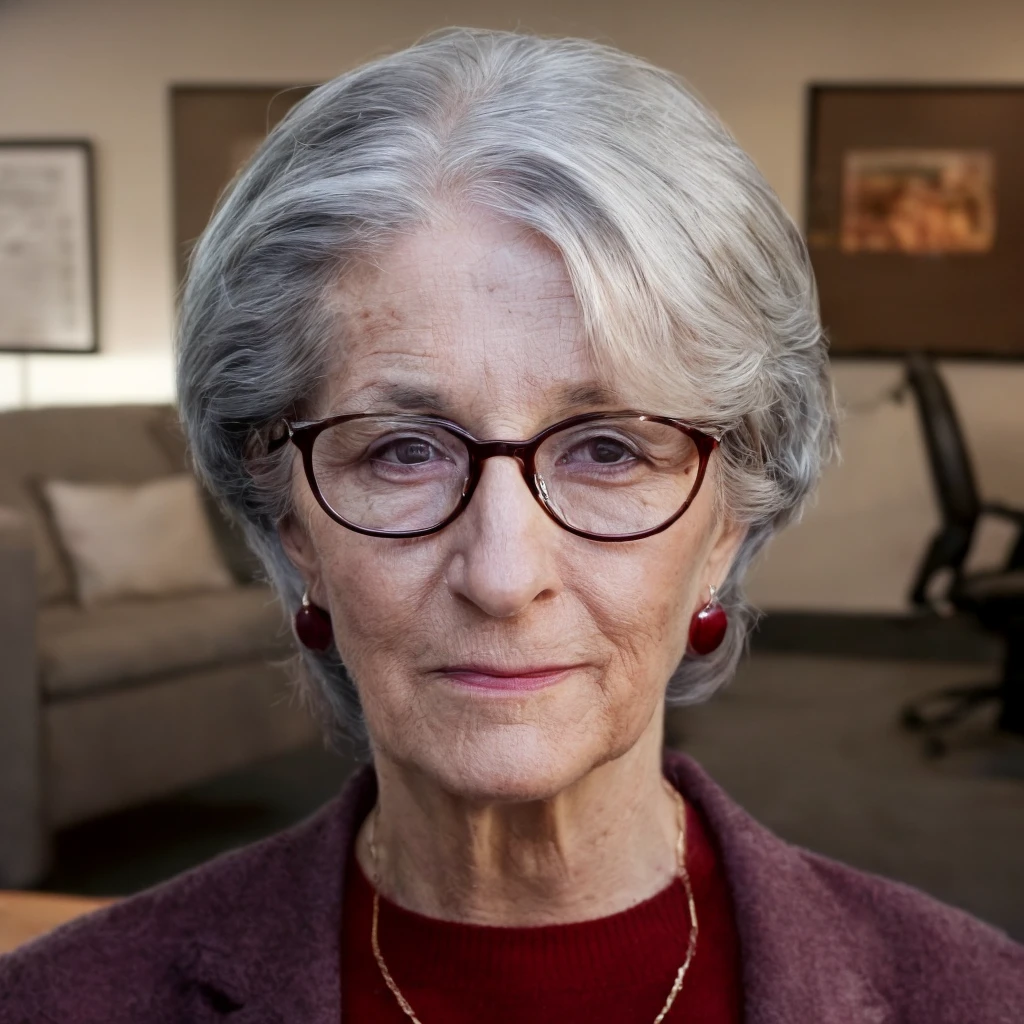 Prompt: (masterpiece)+, (extremely (realistic)+,a portrait of an elderly female psychologist. Glasses, short grey bob hair, earring, grey suit jacket over dark red knitted shirt, calm tired stare. Front photo. Looking in camera. volumetrics dtx, Photorealistic, ultra detailed, Artstation trending, very very detailed, realistic shaded lighting, dynamic shadows, detailed psychologist office background, upper body, professional photograph of a detailed skin, sharp focus, dramatic, award winning, cinematic lighting, octane render, unreal engine, volumetrics dtx, Photorealistic, ultra detailed, Artstation trending, very very detailed, hyperrealistic, fine details, realistic shaded lighting, dynamic shadows, psychologist office background, add_detail:1, skin pores and wrinkles, details.,More Reasonable Details