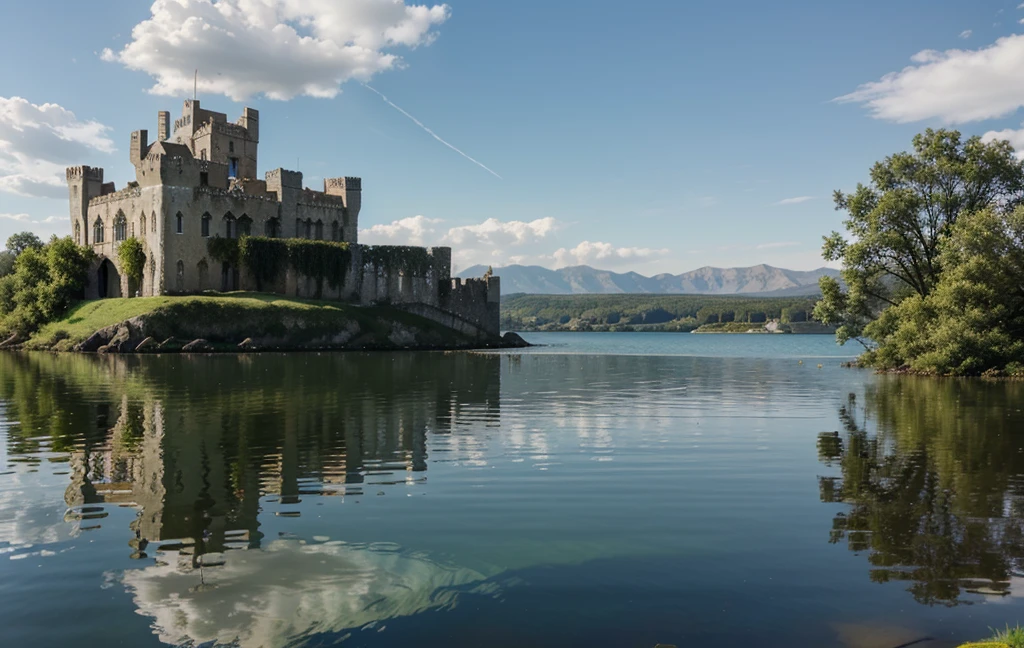 Castle ruins facing the lake, Its reflection falls on the surface of the water，Reflecting its glory days  