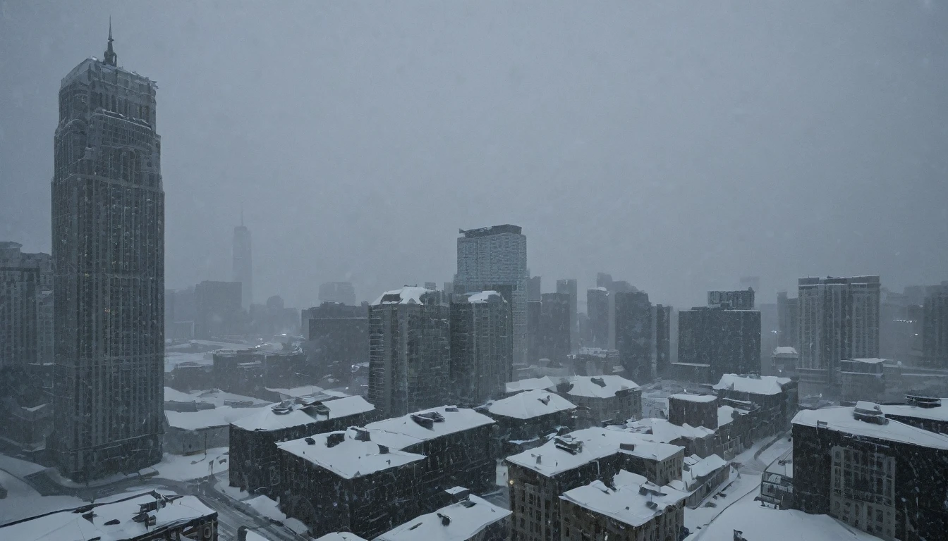 Cityscape, architecture, Non-human, cold sky,(blizzard:1.5), Snowstorm, City, dark sky, cold,Covered in heavy snow,Close shot