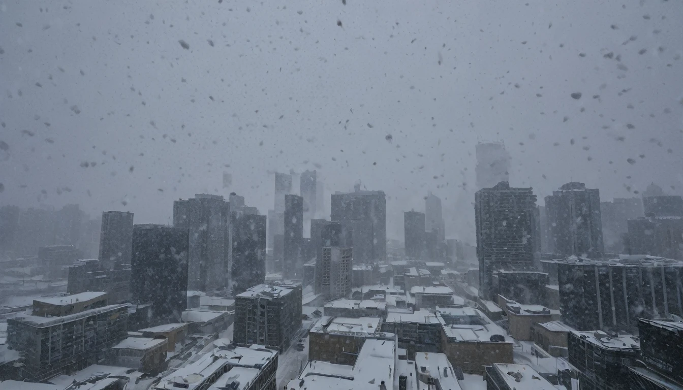 Cityscape, architecture, Non-human, cold sky,(blizzard:1.5), Snowstorm, City, dark sky, cold,Covered in heavy snow,Close shot