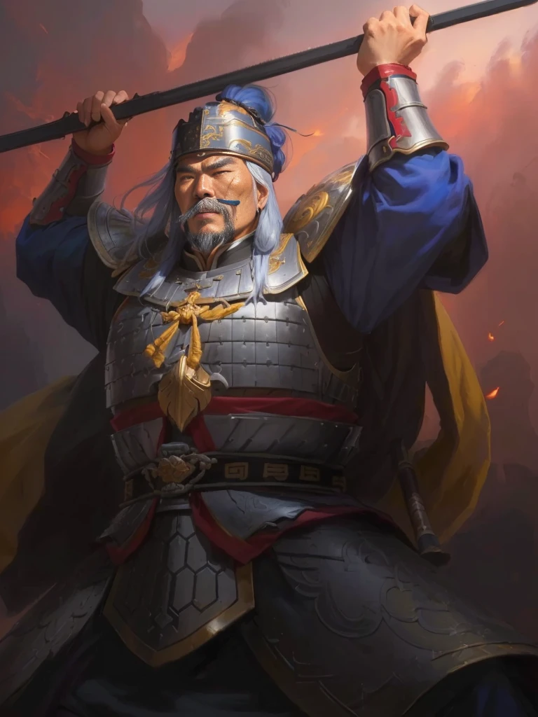 a painting of a man in armor holding a sword, genghis khan, inspired by Cao Zhibai, an angry muscular army general, inspired by Hu Zaobin, mongol, guan yu, photo of genghis khan, naranbaatar ganbold, inspired by Dong Yuan, bian lian, chinese warrior, feng shu, inspired by Xuande Emperor,  Highly detailed CG unit 8k wallpaper, masterpiece, High resolution, highest quality, highest quality real texture skin, Super Real, Digital Painting, Best image quality, 最High resolution, 8k, ((Highly detailed eyes and face, Beautiful eyes every detail)), profile, disproportionate breasts, huge breasts, sagging breasts, gigantic breasts, erect nipple, clevage cutout, 