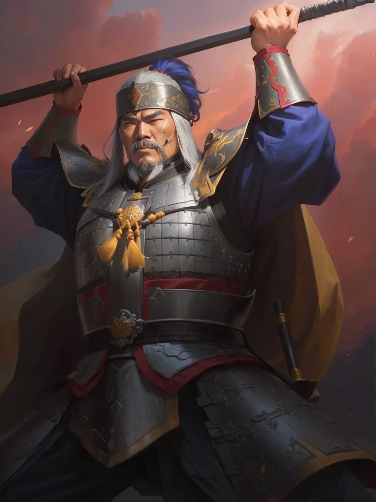 a painting of a man in armor holding a sword, genghis khan, inspired by Cao Zhibai, an angry muscular army general, inspired by Hu Zaobin, mongol, guan yu, photo of genghis khan, naranbaatar ganbold, inspired by Dong Yuan, bian lian, chinese warrior, feng shu, inspired by Xuande Emperor, Highly detailed CG unit 8k wallpaper, masterpiece, High resolution, highest quality, highest quality real texture skin, Super Real, Digital Painting, Best image quality, 最High resolution, 8k, ((Highly detailed eyes and face, Beautiful eyes every detail)), profile, disproportionate breasts, huge breasts, sagging breasts, gigantic breasts, erect nipple, clevage cutout,