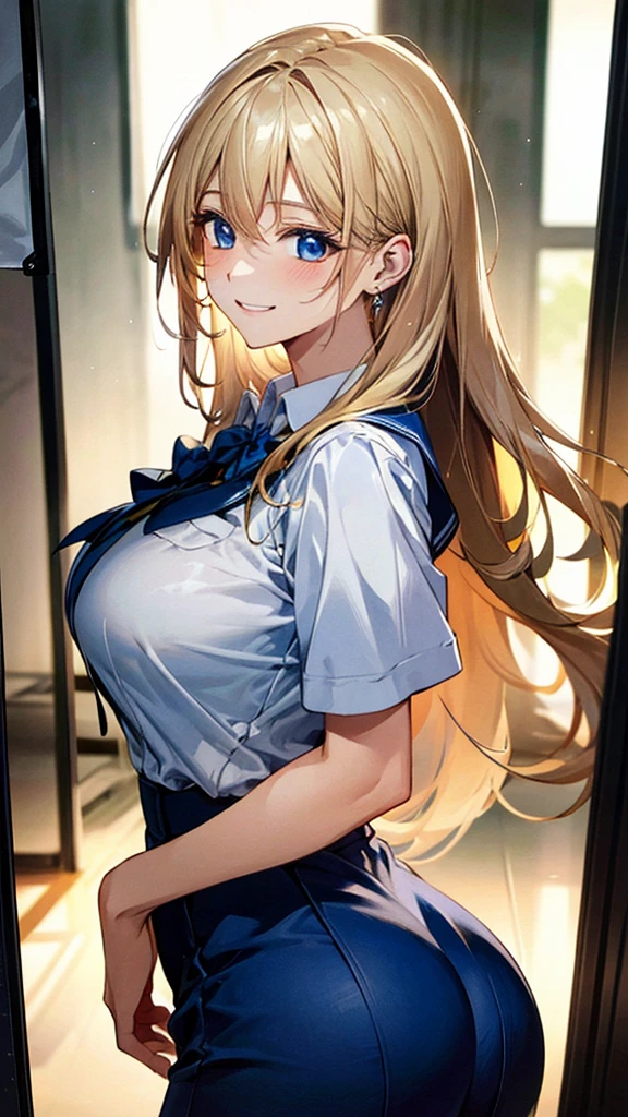 (masterpiece:1.3, best quality, Ultra-high resolution, Very detailed), (Practical, photoPractical:1.4), Fine quality illustrations, Perfect lighting, Natural light, rich and colorful, Cute and symmetrical face, Glowing skin, (Double tail:1.5, Blonde), Hair between the eyes, blue eyes, (Large , seductive thigh, Big Ass), autiful scenery),(Charming smile,), (Uniforms)