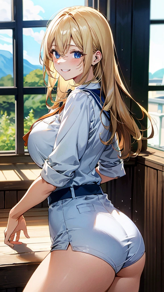(masterpiece:1.3, best quality, Ultra-high resolution, Very detailed), (Practical, photoPractical:1.4), Fine quality illustrations, Perfect lighting, Natural light, rich and colorful, Cute and symmetrical face, Glowing skin,  (Double tail:1.5, Blonde), Hair between the eyes, blue eyes, (Large Breasts, seductive thigh, Big Ass),  (beautiful scenery),(Charming smile,), (Uniforms)