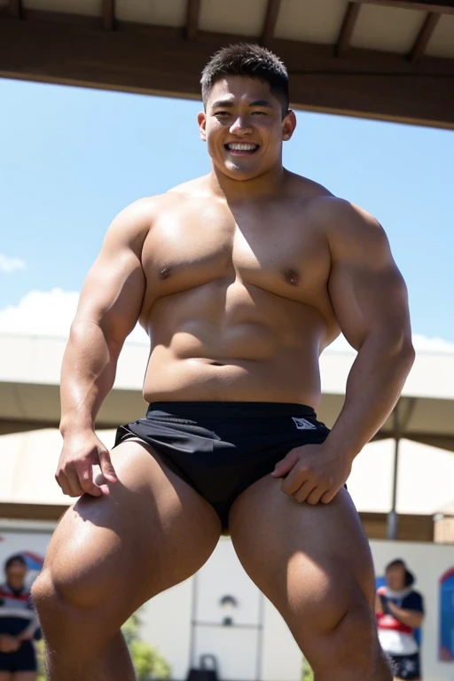 ((highest quality)), ((masterpiece)), (detailed), ((Perfect Face)), 4k, Shaved head, Young Japanese, Muscular, Fat body, Very big man, smile, ((wearing a very tight and very short black-shorts)), ((showing off crotch)) A large Japanese man shirtless、whole body、Rugby player、Thick legs、Thick arm muscles、Intimidating、whole body、 (shirtless), At the rugby field, haka dance,