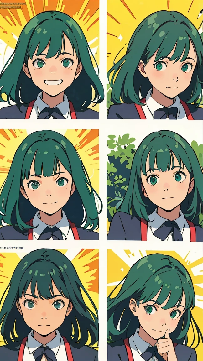 ((Facial Expression Variations)), Green Eyes, (Green Hair), ((Wavy Hair)), Uniform, One Girl, One Person, Very Beautiful, Best Quality, Great Quality, Curated, Shape, Very Detailed, Anime Coloring, Very Detailed, Official Art, Warm Tones, Sun Flares, Soft Shadows, Vibrant Colors, Very Detailed, Official Art, ((Hairstyle with Bangs)), Facial Expression Patterns, Smiling Face,