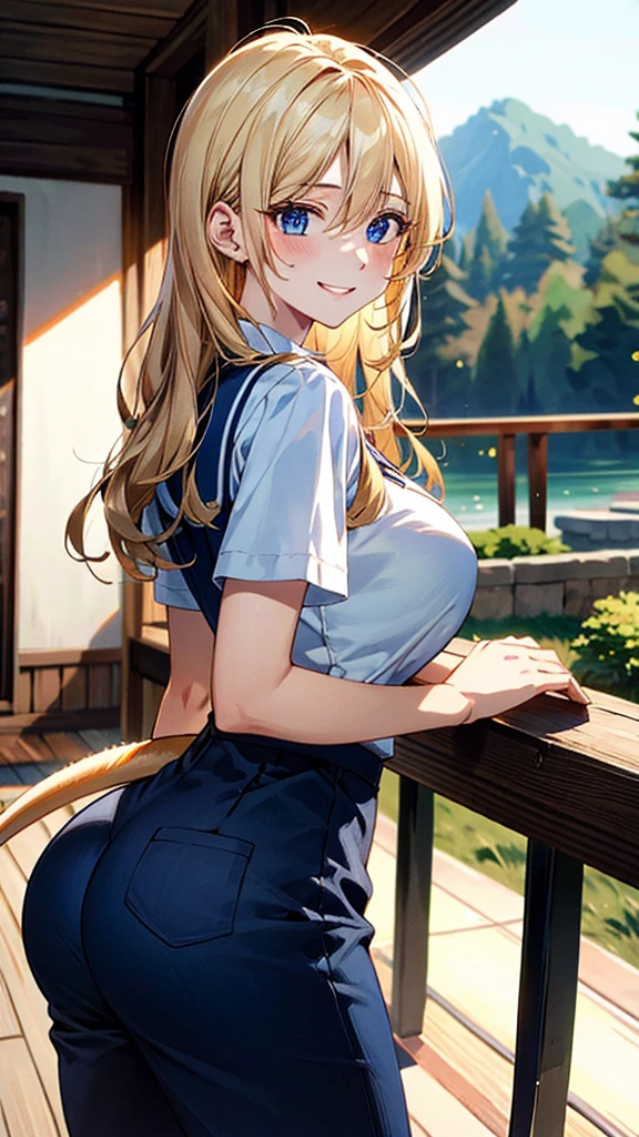 (masterpiece:1.3, best quality, Ultra-high resolution, Very detailed), (Practical, photoPractical:1.4), Fine quality illustrations, Perfect lighting, Natural light, rich and colorful, Cute and symmetrical face, Glowing skin, (Double tail:1.5, Blonde), Hair between the eyes, blue eyes, (Large Breasts, seductive thigh, Big Ass), (beautiful scenery),(Charming smile,), (Uniforms)