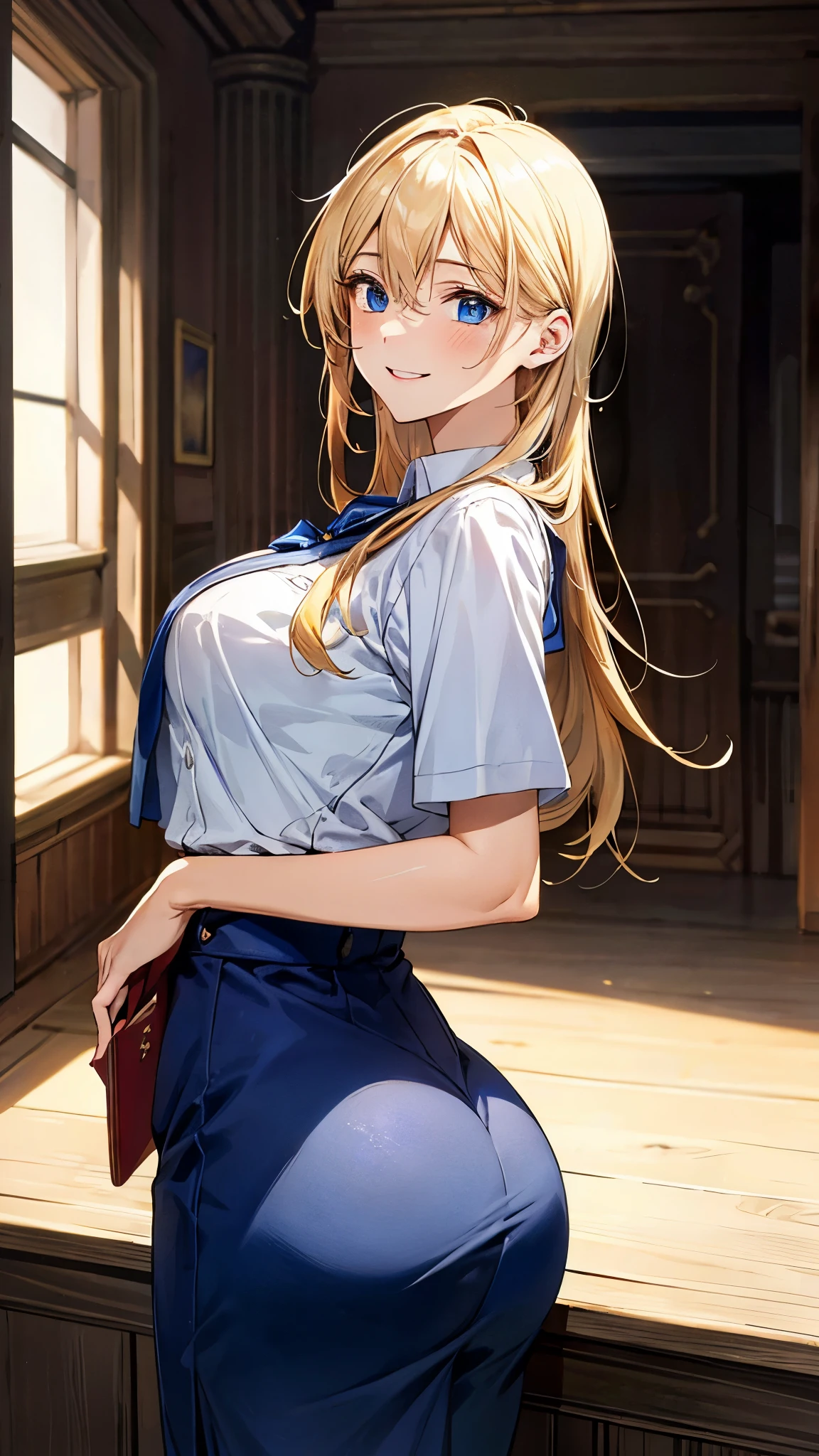 (masterpiece:1.3, best quality, Ultra-high resolution, Very detailed), (Practical, photoPractical:1.4), Fine quality illustrations, Perfect lighting, Natural light, rich and colorful, Cute and symmetrical face, Glowing skin, (Double tail:1.5, Blonde), Hair between the eyes, blue eyes, (Large Breasts, seductive thigh, Big Ass), (beautiful scenery),(Charming smile,), (Uniforms)