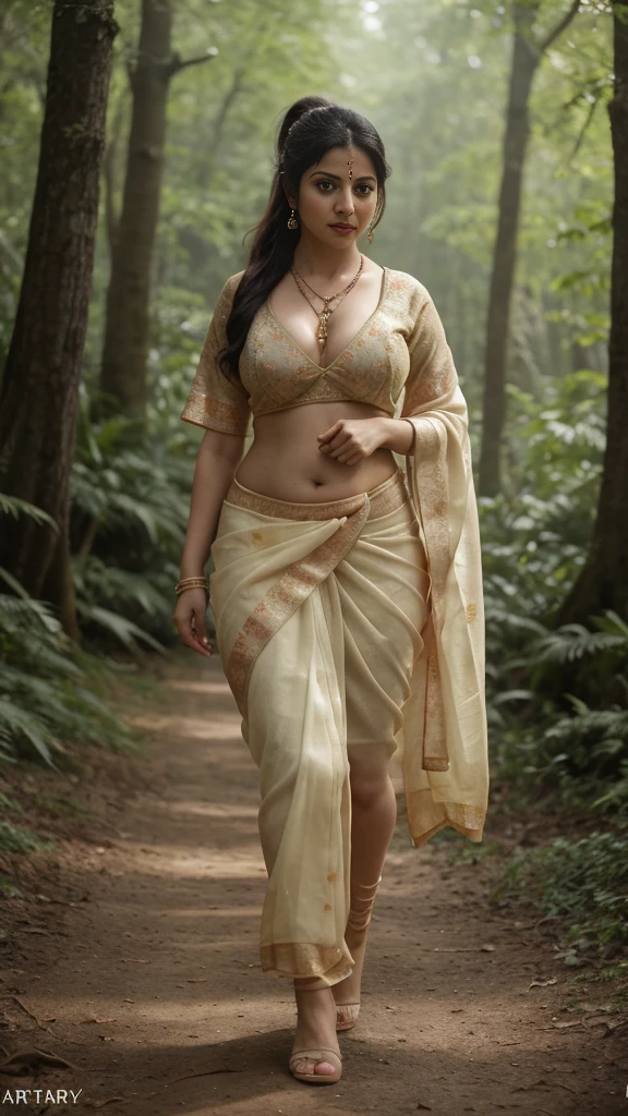 daytime view, close up shot of vedhika from front view, wearing random colour saree, walking in forest, looking to camera, dynamic pose, big and curvy cheeks, hourglass figure, sexy navel, swooping big breasts, ponytail, necklace, (cinematic:1.3), intricate details , (ArtStation:1.2)