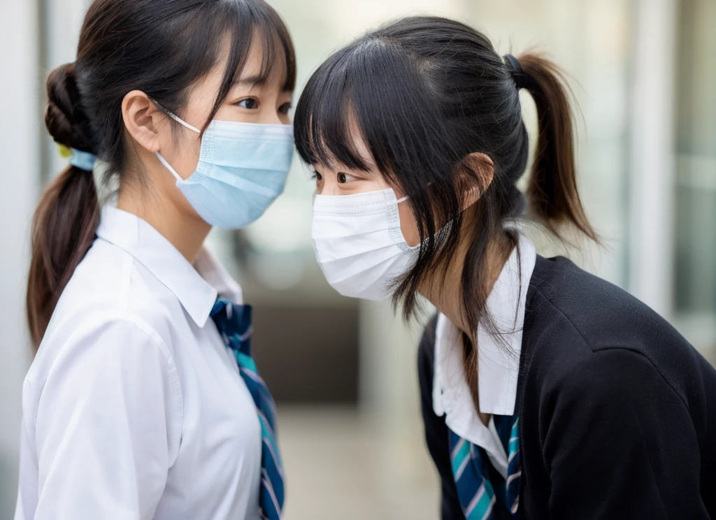 high school girl,Japanese,Black hair ponytail,Tactile,Heavy bangs,Wearing a small mask,Small face,front,shirt,Black Skirt