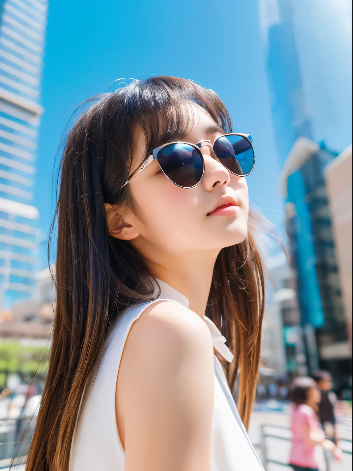 (8k, Top quality, Masterpiece:1.2), (Realistic, photo-realistic:1.37), Super detailed, perfect anatomy, cute, small eyes, dress, 18 years old, a Japanese, girl, Sunglasses, cityscape, gazing upward,