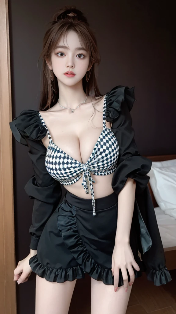 rc, ((knee shot)), ((Shoot at random angles)), ((Visible cleavage)), ((E-cup)), ((I-type Valley)), ((Warm colors)), Long-range shooting, A beautiful woman,Elegant posture,Standing,Slender figure。Her legs are slender and straight,Cross placement,Forming a perfect diagonal composition。Head gently sideways,Long blond hair falls naturally,Gently brushing her shoulders。Soft colors,In stark contrast to her fair skin。The edge of the skirt ripples gently,As if swaying in the breeze。Her eyes were gentle,There is a faint smile on the lips。The whole picture looks very harmonious and beautiful