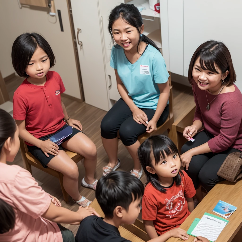 Photo of Indonesian children and Indonesian speech therapists. The therapist holds flash cards and the  responds. smile. Indonesian people. 4k ultra realistic. mid shot
