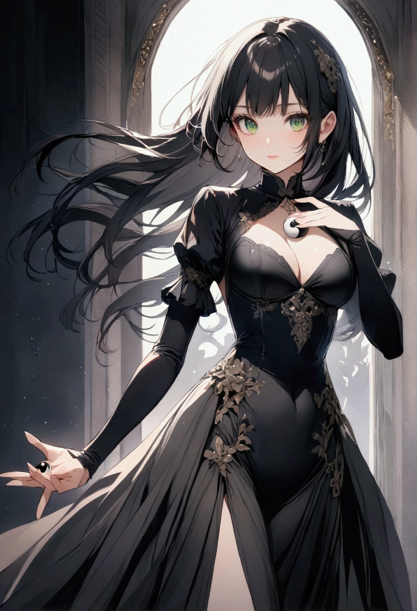 Anime girl, Long black hair, green eyes,aesthetic body, holding Ying yang symbol