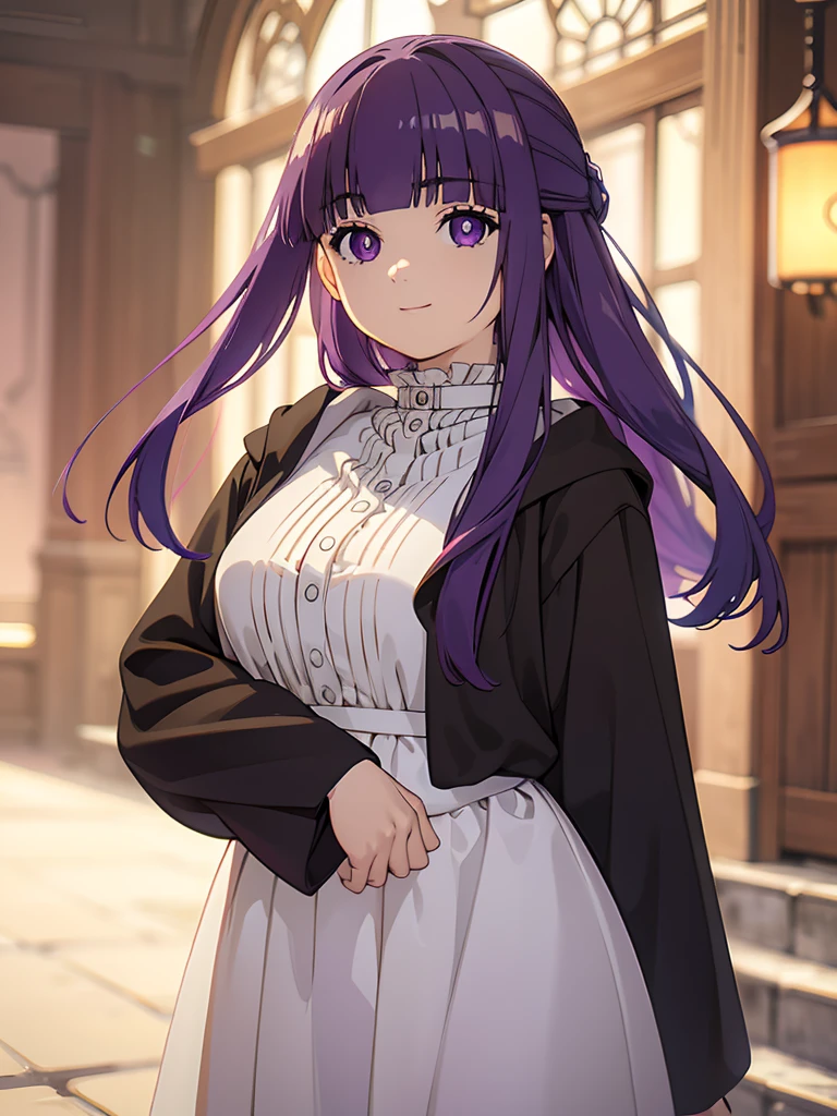 è²ä¼¦,1girl,solo,purple hair,long hair,purple eyes,blunt bangs,sidelocks,half updo,bright pupils, hair ornament,frilled collar,black robe,white dress,center frills,buttons,wide sleeves,long sleeves,curvy,cowboy shot,brown coat,from side,smile,, Exquisite visuals, high-definition,masterpiece,best quality,, 20yo,Young female,Beautiful Finger,Beautiful long legs,Beautiful body,Beautiful Nose,Beautiful character design, perfect eyes, perfect face,expressive eyes, looking at viewer, official art,extremely detailed CG unity 8k wallpaper, perfect lighting,Colorful, Bright_Front_face_Lighting,shiny skin, (masterpiece:1.0),(best_quality:1.0), ultra high res,4K,ultra-detailed, photography, 8K, HDR, highres, absurdres:1.2, Kodak portra 400, film grain, blurry background, bokeh:1.2, lens flare, (vibrant_color:1.2), (beautiful_face:1.5),(narrow_waist), 