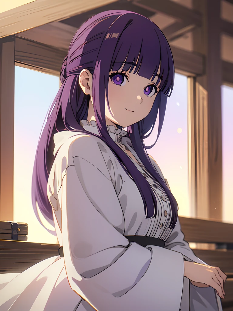 è²ä¼¦,1girl,solo,purple hair,long hair,purple eyes,blunt bangs,sidelocks,half updo,bright pupils, hair ornament,frilled collar,black robe,white dress,center frills,buttons,wide sleeves,long sleeves,curvy,cowboy shot,brown coat,from side,smile,, Exquisite visuals, high-definition,masterpiece,best quality,, 20yo,Young female,Beautiful Finger,Beautiful long legs,Beautiful body,Beautiful Nose,Beautiful character design, perfect eyes, perfect face,expressive eyes, looking at viewer, official art,extremely detailed CG unity 8k wallpaper, perfect lighting,Colorful, Bright_Front_face_Lighting,shiny skin, (masterpiece:1.0),(best_quality:1.0), ultra high res,4K,ultra-detailed, photography, 8K, HDR, highres, absurdres:1.2, Kodak portra 400, film grain, blurry background, bokeh:1.2, lens flare, (vibrant_color:1.2), (beautiful_face:1.5),(narrow_waist),