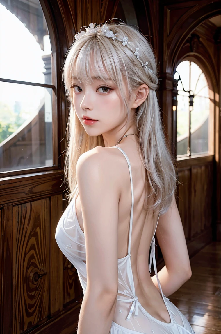 masterpiece, 1 beautiful girl, Delicate eyes, Purebred face_v1, Top quality, Ultra high resolution, (Reality: 1.4), Japanese, Korean, very beautiful, Beautiful skin, slim, (超Reality), (high resolution), (8K), (Very detailed), Delicate face, Bright Lights, Professional lighting, Looking at the audience, Face straight ahead, White backless see-through dress,big nipples, Platinum Hair, Long hair,hair tied back, bun hairstyle, Bangs,hair accessories,