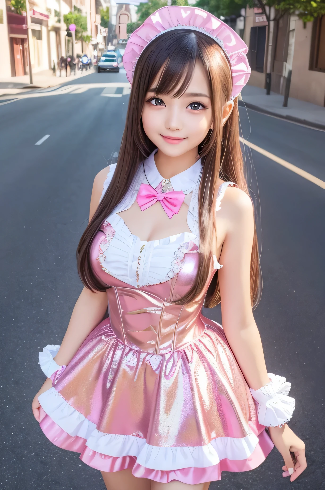 (Very beautiful  cute girl), (very  cute face:1.2),5 yo, (sparkling crystal clear attractive large eyes:1.1), Beautiful detailed eyes, Detailed double eyelids, (smiling), (realistic photograph:1.2), long straight hair,(Super shiny white and metallic pink maid costume :1),
(metallic pink Maid costume:1),cowboy shot,in the street 