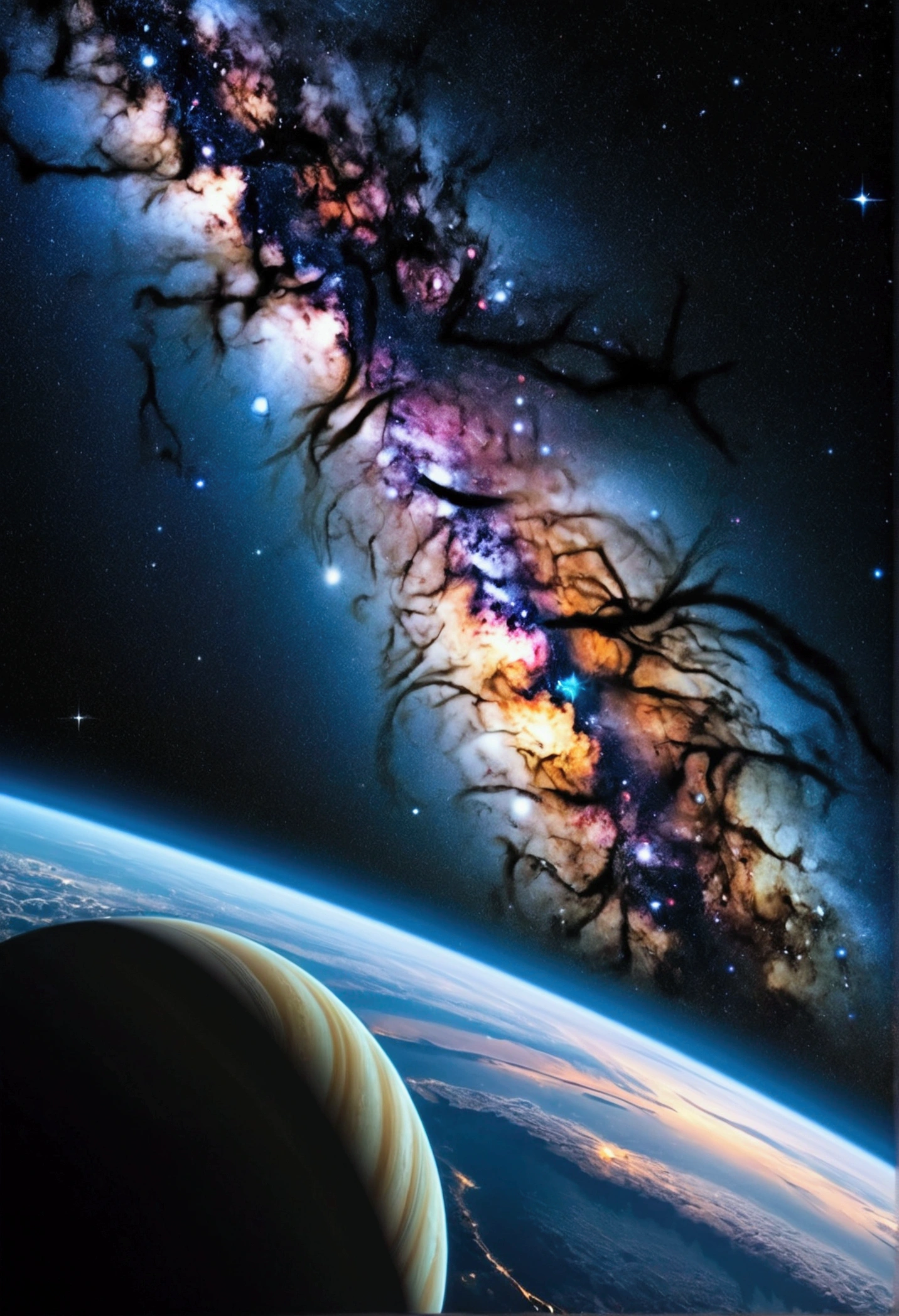 Master pieces、Superior quality、Superior image quality、8k quality、Beautiful images of the starry sky.、magnificent、Milky Way:1.25、Alafed view of Earth from Saturn:1.9