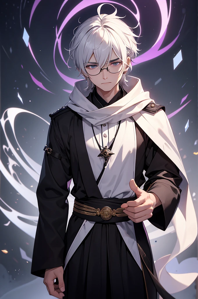 Shawm - 21 years old young man, which was destined for a greater doings. Shawm is a young man, around 21 years old, a sorcerer which is quite skilled in the magic of cursed purple flames. He's short, well built. Usually frowning face shows no sign of emotion, and his half-closed emotionless blank black eyes only consolidate that fact. Tousled white hair with a slight purple colour in it's roots brushed behind, with a small bunch 
of it sticking up before his eyes. Usually he's dressed in a white shirt, white hakama and black runners. On the neck he wears black long scarf with two tips waving behind his back, and on the waist usually wrapped his black and white coloured jacket, wrapped by its sleeves around his body. On Shawm's shoulder usually should be seen a small chibi cat with glasses on - it's his spiritual animal and a teacher, which helps him use his powers. Cursed flames gather around his figure in a small spiritual swirling balls.