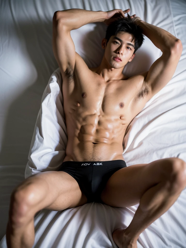 A sexy horny Korean handsome guy, face of an angel, muscular, with a cute and sexy face, lying in bed, handsome, wearing thongs, lifted arms, spread legs, shirtless, model, perfect body