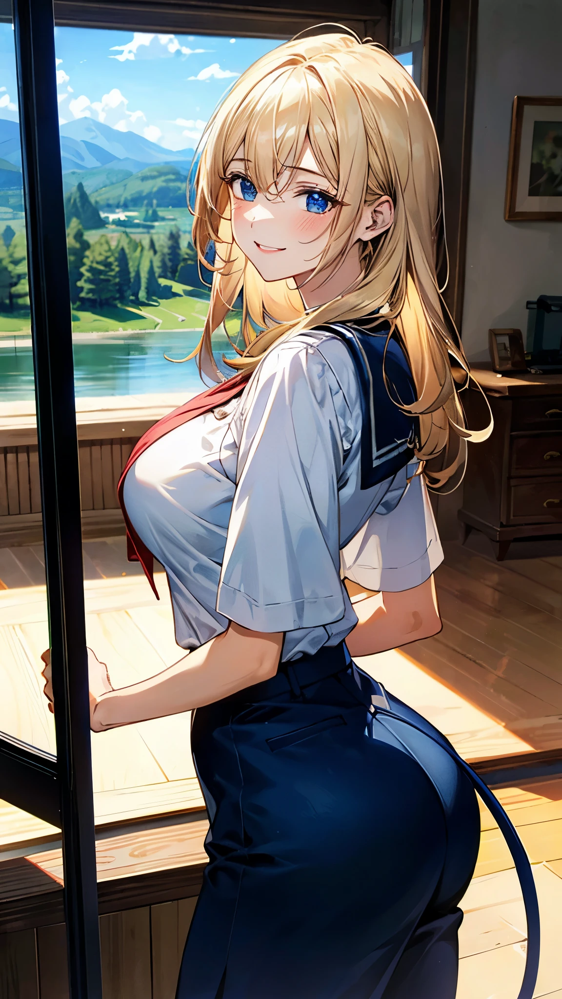 (masterpiece:1.3, best quality, Ultra-high resolution, Very detailed), (Practical, photoPractical:1.4), Fine quality illustrations, Perfect lighting, Natural light, rich and colorful, Cute and symmetrical face, Glowing skin,  (Double tail:1.5, Blonde), Hair between the eyes, blue eyes, (Large Breasts, seductive thigh, Big Ass),  (beautiful scenery),(Charming smile,), (Uniforms)