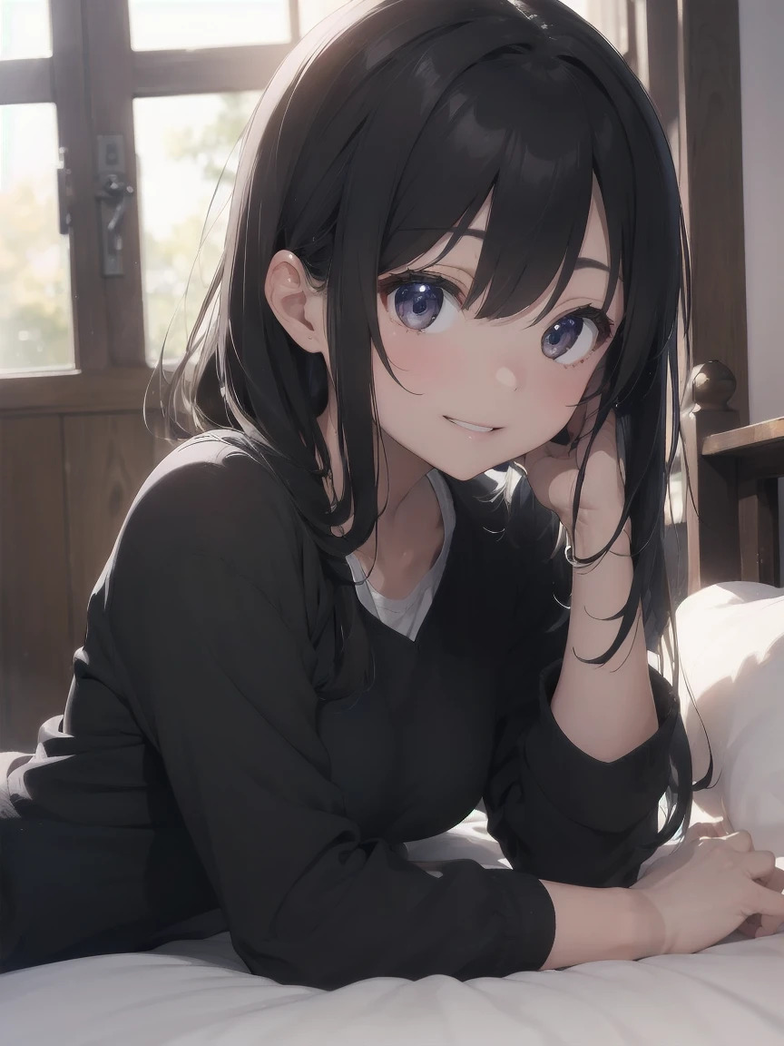 1 female、Brown Hair、Brown eyes、Highest quality、Very detailed、8 Resolution、RAW Photoasterpiece、Perfect body、High resolution、Highest quality、Detail view、Vibrant colors、Lure、smile、Long Hair、Black-rimmed glasses、Captivating breasts、Lie down in bed、camisole、Shorts、I feel