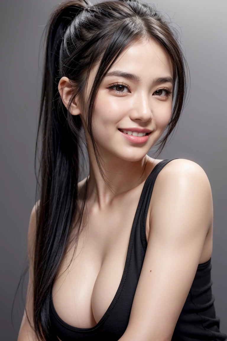 masterpiece, best quality, photorealistic, raw photo, 1girl, Black Pony tail hair, Large breast, Black Muscle Shirt , light smile, detailed skin, pore, simple background, Upper-body, facing the viewer, close-up,
