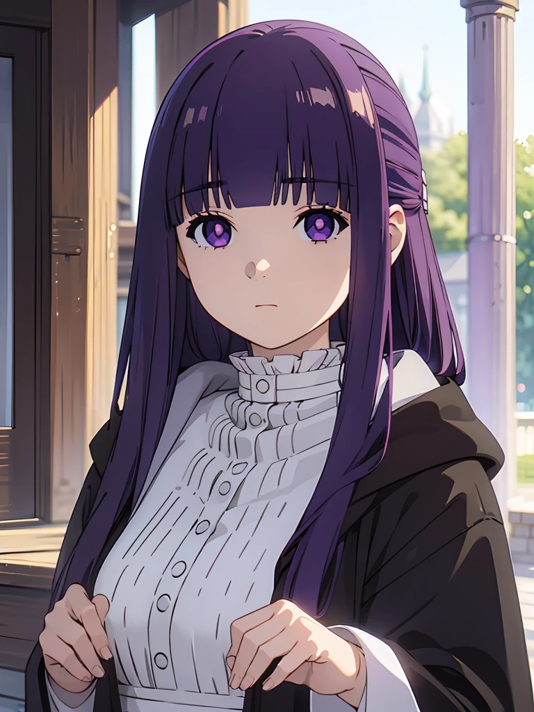 ((masterpiece)),(best quality),official art,extremely delicate and beautiful,extremely detailed CG,unity 8k wallpaper,ultra detailed,beautiful detailed eyes,extremely detailed face,outdoors,1girl,solo,upper body,(portrait:1.5),looking at viewer,facing viewer,expressionless,long hair,purple hair,straight hair,half updo,hime cut,sidelocks,blunt bangs,purple eyes,bright pupils,white pupils,hooded robe,hood down,black robe,white shirt,frills,buttons,long sleeves,medium breasts,long skirt,white skirt,black boots,