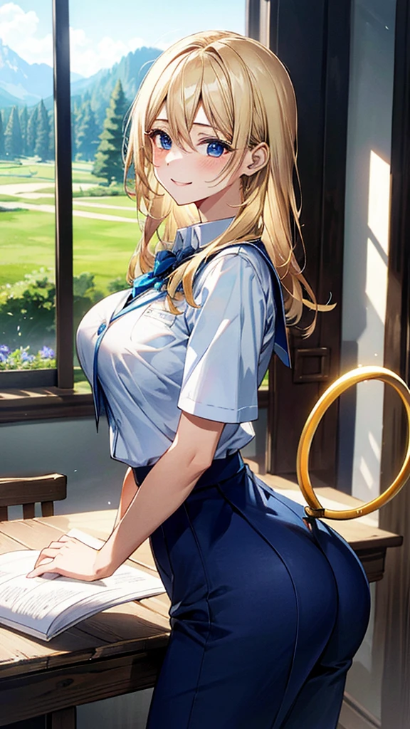 (masterpiece:1.3, best quality, Ultra-high resolution, Very detailed), (Practical, photoPractical:1.4), Fine quality illustrations, Perfect lighting, Natural light, rich and colorful, Cute and symmetrical face, Glowing skin,  (Double tail:1.5, Blonde), Hair between the eyes, blue eyes, (Large Breasts, seductive thigh, Big Ass),  (beautiful scenery),(Charming smile,), (Uniforms)