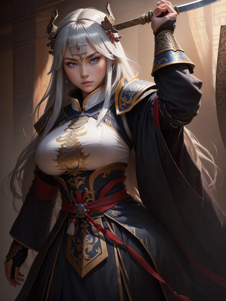 a painting of a man in armor holding a sword, genghis khan, inspired by Cao Zhibai, an angry muscular army general, inspired by Hu Zaobin, mongol, guan yu, photo of genghis khan, naranbaatar ganbold, inspired by Dong Yuan, bian lian, chinese warrior, feng shu, inspired by Xuande Emperor, Highly detailed CG unit 8k wallpaper, masterpiece, High resolution, highest quality, highest quality real texture skin, Super Real, Digital Painting, Best image quality, 最High resolution, 8k, ((Highly detailed eyes and face, Beautiful eyes every detail)), profile, disproportionate breasts, huge breasts, sagging breasts, gigantic breasts, erect nipple, clevage cutout,