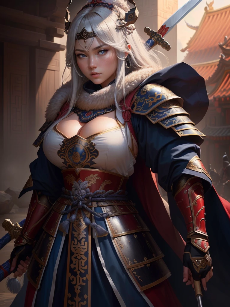 a painting of a man in armor holding a sword, genghis khan, inspired by Cao Zhibai, an angry muscular army general, inspired by Hu Zaobin, mongol, guan yu, photo of genghis khan, naranbaatar ganbold, inspired by Dong Yuan, bian lian, chinese warrior, feng shu, inspired by Xuande Emperor,  Highly detailed CG unit 8k wallpaper, masterpiece, High resolution, highest quality, highest quality real texture skin, Super Real, Digital Painting, Best image quality, 最High resolution, 8k, ((Highly detailed eyes and face, Beautiful eyes every detail)), profile, disproportionate breasts, huge breasts, sagging breasts, gigantic breasts, erect nipple, clevage cutout, 