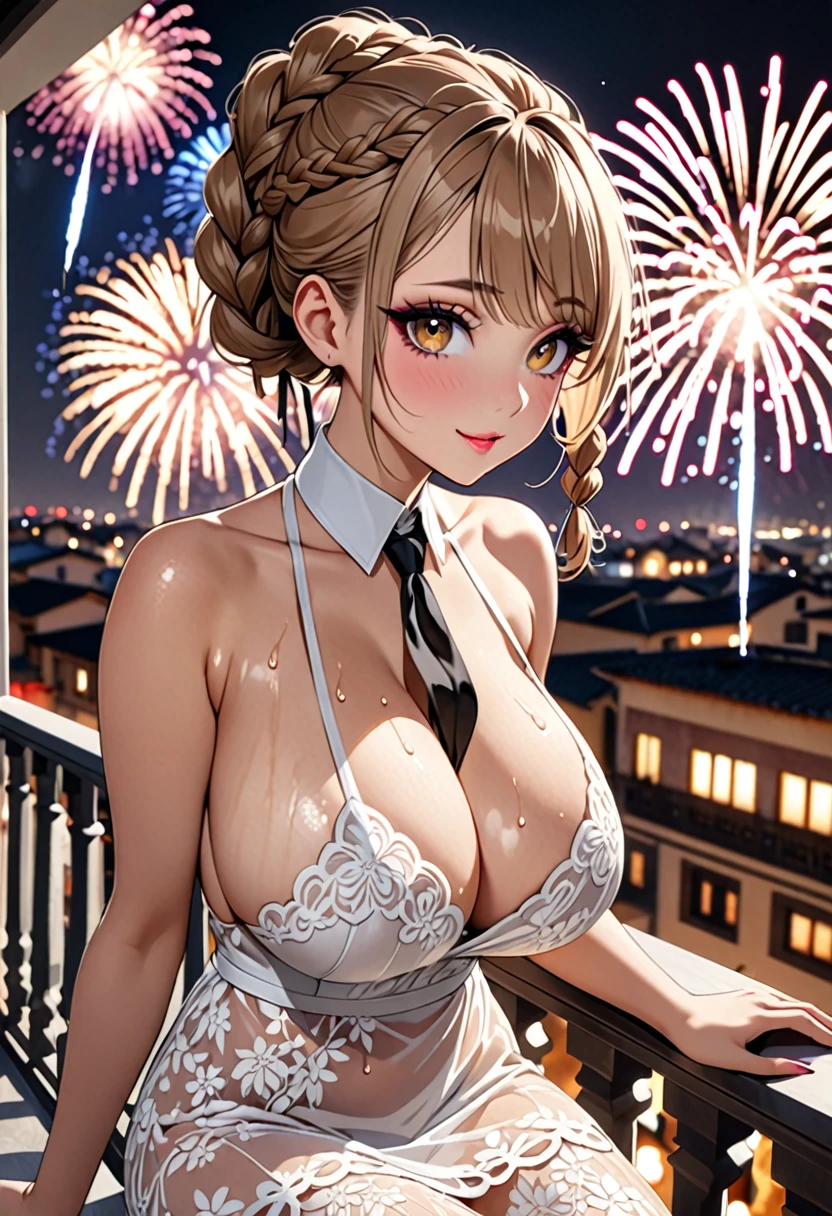 (((Highest quality, Ultra-high resolution、The most complex and detailed depiction)))、((masterpiece:1.3)), (8k, RAW Photos, Best image quality: 1.4), Very detailedな顔、Attention to detail、(Beautiful woman:1.4),(Realistic:1.4) (8k, RAW Photos,), (photo-Realistic:1.2), Very detailed, Beautiful attention to detail, (girl:1.3)Dark eyeliner、Eyelash length、False eyelashes、double eyelid、Brown eyes、Light fluorescent lip gloss, ((hostess:1.2)),(Huge breasts:1.6),、(Cleavage:1.2)、(((Light brown hair、braid one's hair、((Tie the braided hair behind your head,Put your braided hair up)))))、Gal-style makeup、Dark eyeliner、Black eyeliner、Heavy eye makeup、Eyelash length、False eyelashes、Eyelash length、Big eyes、Big black eyes、Big eyes、elongated nose、Heavy makeup、Face with gills、Spread your legs and look forward.、(((whole body)))、sexy、Glamorous Body、(Saggy breasts、Large saggy breasts)、((Sweat、Your body is wet))、((You can see the fireworks from the balcony)),Blue lace dress、Looking back happily、Sit on the balcony、From the side、Beautiful nape
