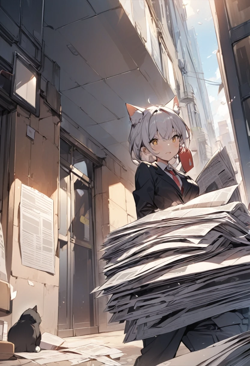Cat going to work In a suit With a newspaper in hand