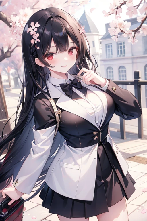 young girl, black hair, red eyes,beautiful and detailed eyes, big breasts, long hair,european braid hairstyles, happy smile, black shirt,white blazer, black mini skirt, (cherry blossom garden )