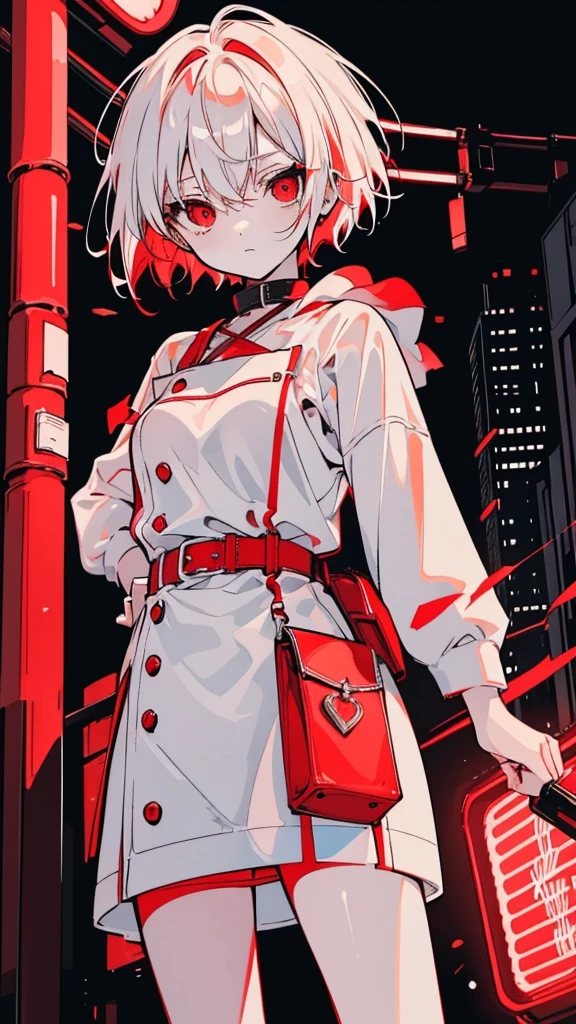 a picture of a women 25 years old short white hair with strip red har standing in front of a red light, Candid Photography, white with strip red-haired deity, dynamic poses, white with strip redhaired girl, Crushing Despair, Flowing white with strip red, short Hair Anime Girl, perfect white with strip redhaired girl, , red eyes