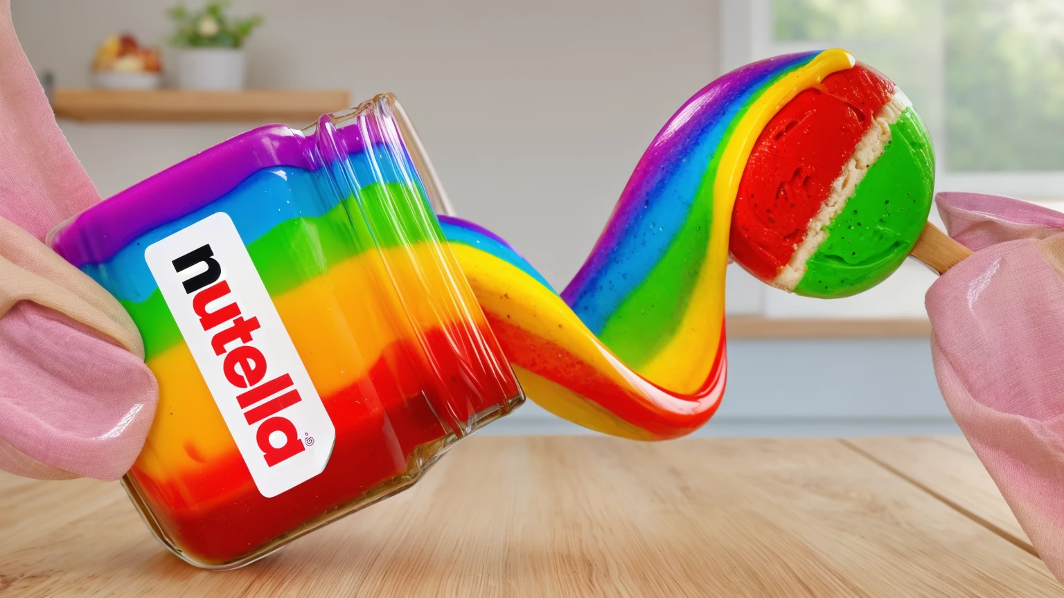 on a wooden table, glass jar with rainbow peanut butter, ice cream dipped in rainbow peanut butter, rainbow peanut butter stretch. against the background of the kitchen .beautiful lighting, Beautiful sunlight, bright lighting, Realistic style , realistic texture, detailed texture, a high resolution, high quality, ultra hd 4k, 