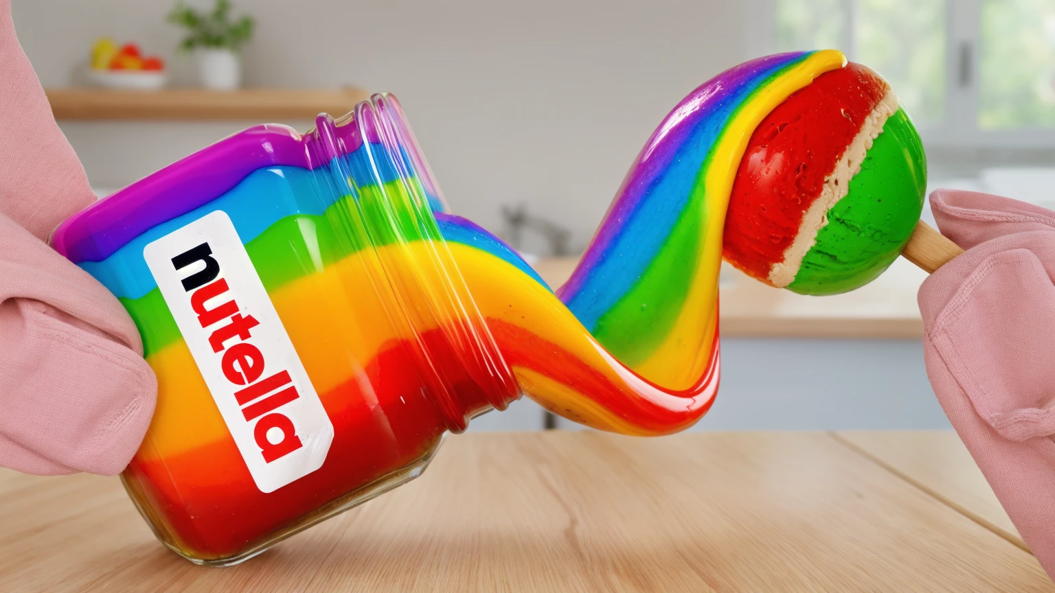 on a wooden table, glass jar with rainbow peanut butter, ice cream dipped in rainbow peanut butter, rainbow peanut butter stretch. against the background of the kitchen .beautiful lighting, Beautiful sunlight, bright lighting, Realistic style , realistic texture, detailed texture, a high resolution, high quality, ultra hd 4k,