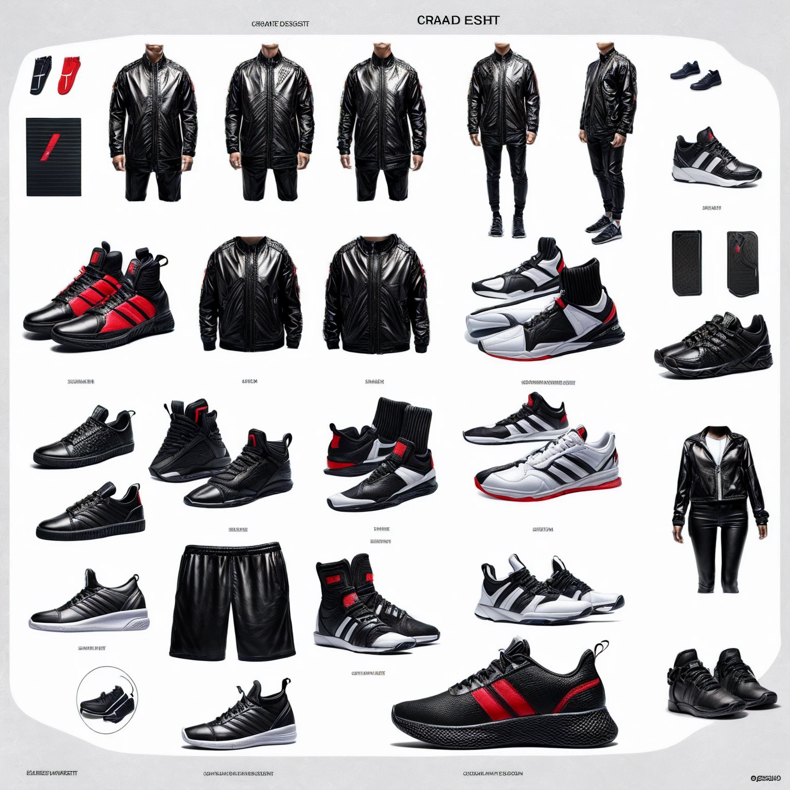 (((Create Detailed Design Sheet))), (there are no people, and no characters), (Front view, Side view, Diagonal view), (sport style items, bundle of clothes, shoes), (Create detailed shoe gallery), ((multi-pair (high heels, sneaker, leather shoes etc))), description card. best quality, masterpiece, Representative work, official art, Professional, Ultra intricate detailed, 8k