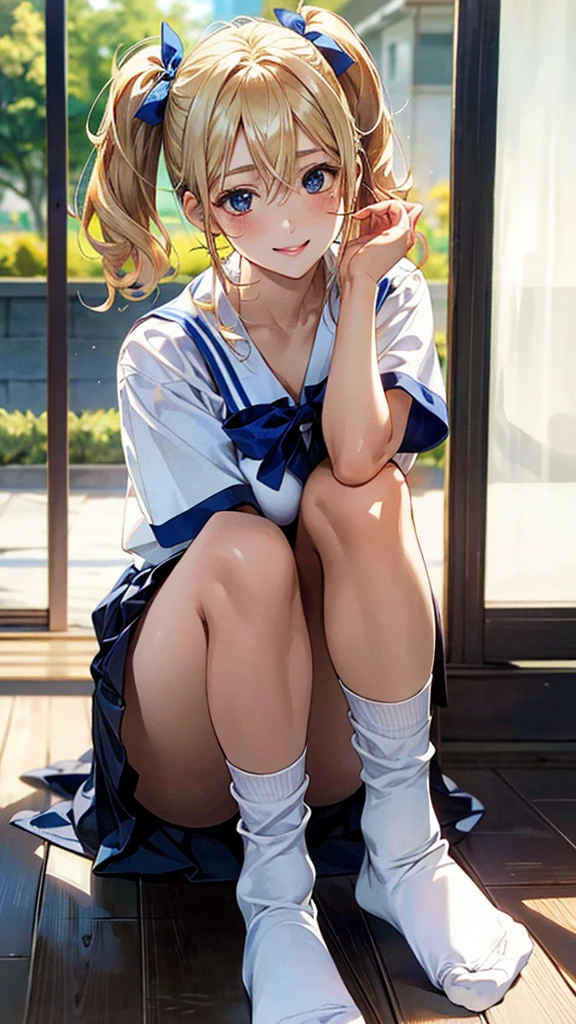 (masterpiece:1.3, Highest quality, Ultra-high resolution, Very detailed), (Realistic, photoRealistic:1.4), Beautiful illustrations, Perfect lighting, Natural light, colorful, Written boundary depth, NFSW,
View your viewers, 1 Girl, Japanese, high school girl, Perfect Face, Cute and symmetrical face, Shiny skin, Sunburned skin,
(Twin tails:1.5, Blonde), Hair between the eyes, blue eyes, (Large Breasts, seductive Thighs, Big Ass), Thighs, sum,
Beautiful Hair, Beautiful Face, Beautiful attention to detail, Beautiful clavicle, Beautiful body, Beautiful breasts, 美しいThighs, Beautiful feet, Beautiful fingers,
(Beautiful views), ((Leg Opening Pose)), (Captivating smile,), (School uniform),(loose socks)