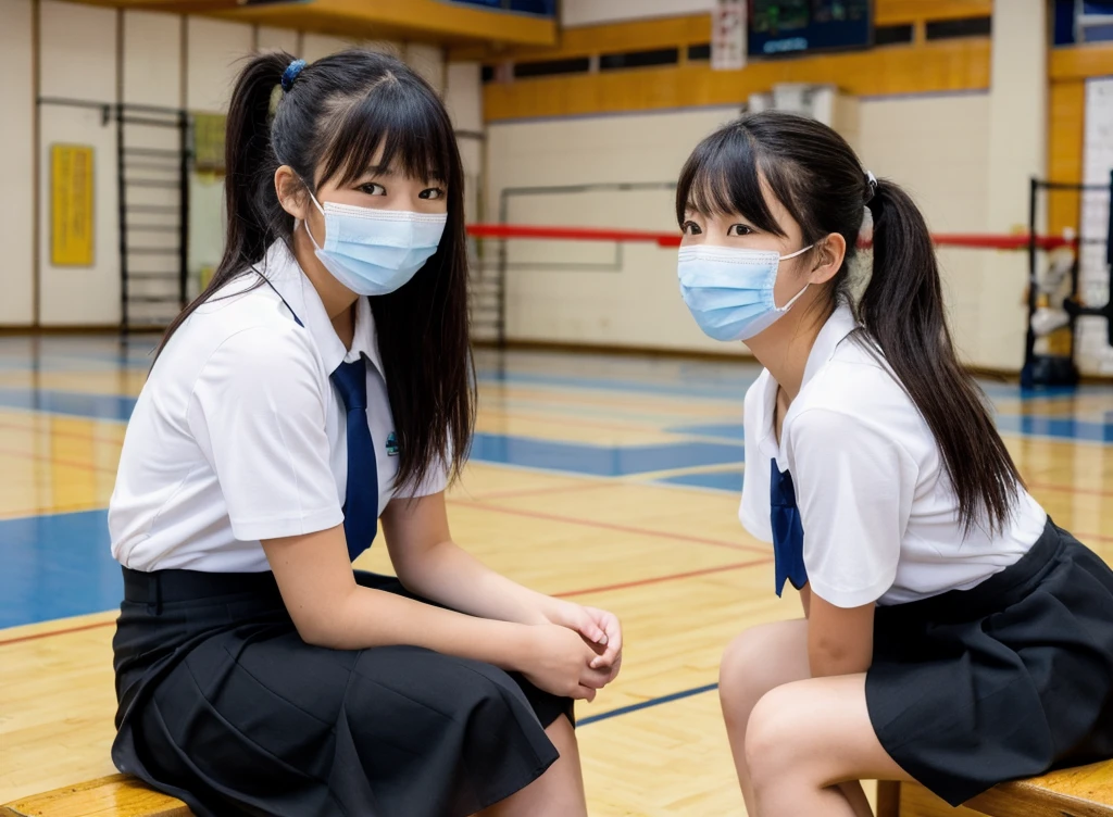 high school girl,Japanese,Black hair ponytail,Tactile,Heavy bangs,Wearing a small mask,Small face,shirt,Black Skirt,School gym,Sitting with legs crossed
