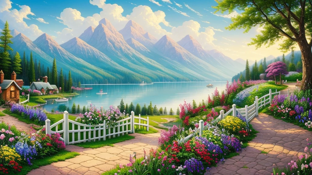 Cottage Painting, Flowers beside the fence, Fence along the road, Mountain landscape with lake and boat, Illustration Matte Painting, Inspired by Thomas Kinkade, Symmetrical Matte Paint, Detailed landscape , Style Raw, 8k ultra high definition