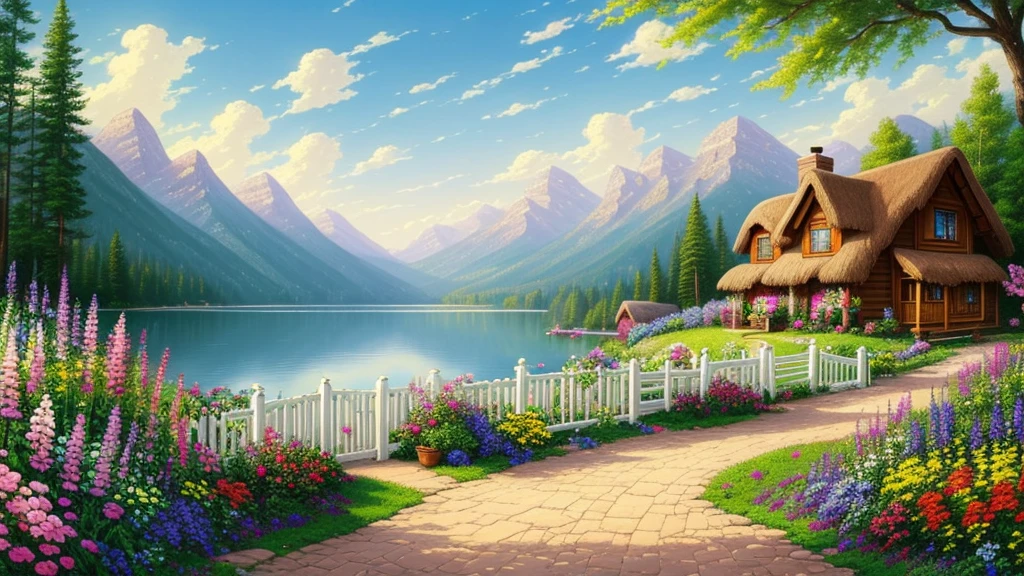 Cottage Painting, Flowers beside the fence, Fence along the road, Mountain landscape with lake and boat, Illustration Matte Painting, Inspired by Thomas Kinkade, Symmetrical Matte Paint, Detailed landscape , Style Raw, 8k ultra high definition