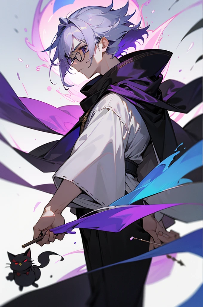 Shawm - 21 years old young man, which was destined for a greater doings. Shawm is a young man, around 21 years old, a sorcerer which is quite skilled in the magic of cursed purple flames. He's short, well built. Usually frowning face shows no sign of emotion, and his half-closed emotionless blank black eyes only consolidate that fact. Tousled white hair with a slight purple colour in it's roots brushed behind, with a small bunch
of it sticking up before his eyes. Usually he's dressed in a white shirt, white hakama and black runners. On the neck he wears black long scarf with two tips waving behind his back, and on the waist usually wrapped his black and white coloured jacket, wrapped by its sleeves around his body. On Shawm's shoulder usually should be seen a small chibi cat with glasses on - it's his spiritual animal and a teacher, which helps him use his powers. Cursed flames gather around his figure in a small spiritual swirling balls.